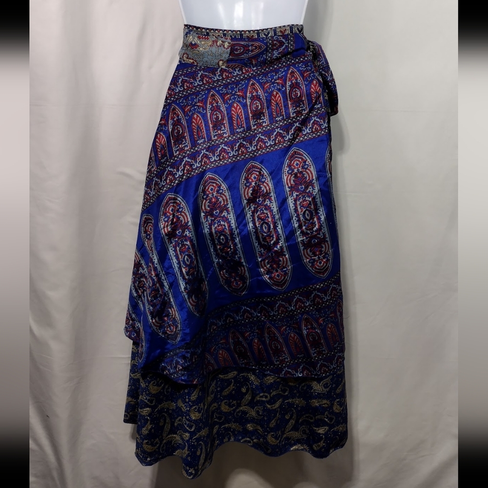 Women's Paisley Artsy Wrap Skirt OS Blue Boho Retro 90s Y2K Festival Beach - Picture 5 of 8